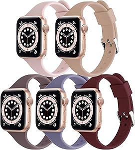 [5 Pack] Liuxixi Silicone Bands Compatible with Apple Watch Bands 38mm 40mm 42mm 44mm, Soft Slim Narrow Thin Sport Replacement Band Compatible with iWatch Series 6 5 4 3 2 1 SE for Women Men