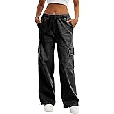 HVEPUO Womens High Waisted Cargo Pants Y2K Baggy Wide Leg Casual Stretchy Jeans for Women Streetwear Pull On Trousers Pants