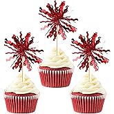 Rsstarxi 30 Pack Red Foil Firework Birthday Cupcake Toppers Red Sparkle Tinsel Drink Cake Decorations Cocktail Food Toothpicks for Christmas New Years Eve Birthday Wedding Graduation Party Decorations