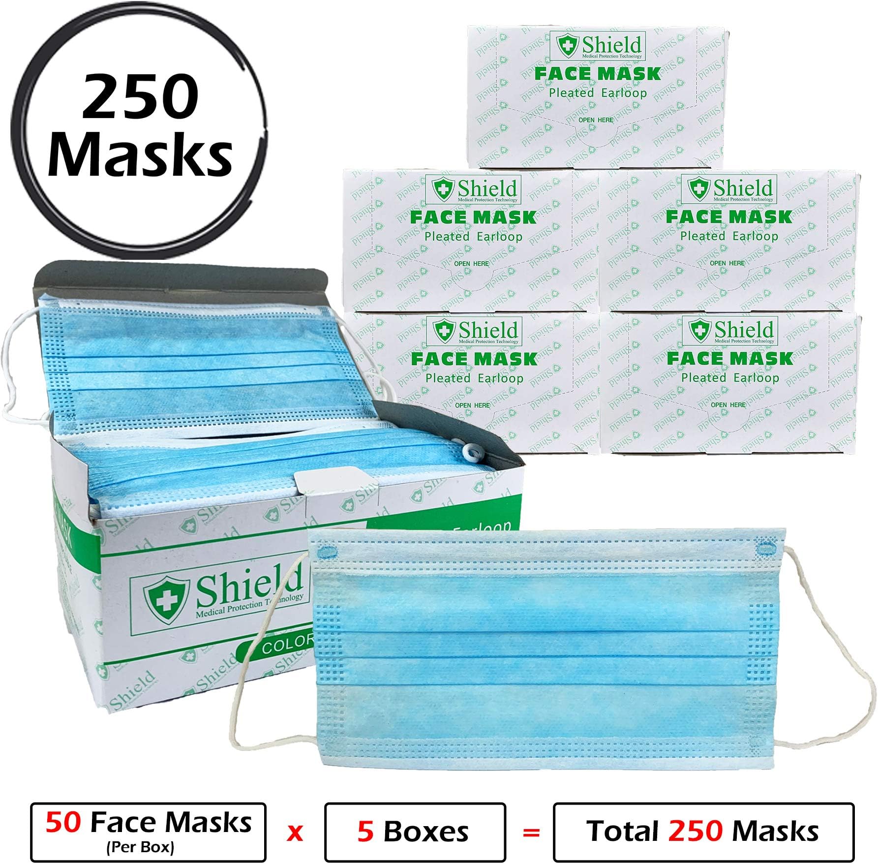 Professional Disposable Face Mask (3-Ply) with Earloop for Virus, Bacteria, Germ, Dust, Pollen, Particle Protection (250)