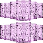 Qinyoung 12 Plastic Vintage Drinking Glasses 8.5oz Stemless Retro Embossed Wine Glasses Shatterproof Reusable Cups for Baby Shower Wedding Reception Grand Event Party (Purple)