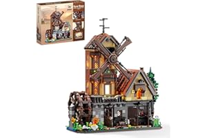 EITOLNR Wood Cabin Building Set with Light, Mechanical Farm House Building Block Toys with Rotating Windmill Waterwheel Castl