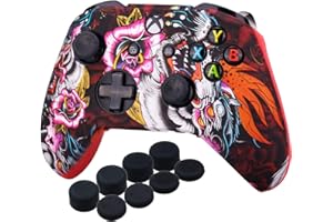 YoRHa Printing Rubber Silicone Cover Skin Case for Xbox One S/X Controller x 1(Loong Red) with PRO Thumb Grips x 8