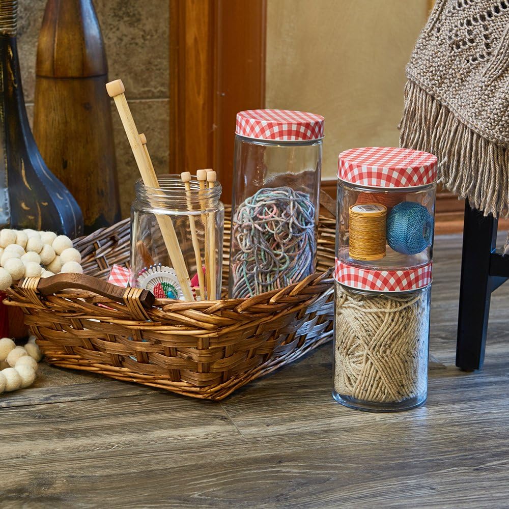 Anchor Hocking 4 Piece Glass Cylinder Jar Set with Gingham Lids, Clear/Red: Kitchen & Dining