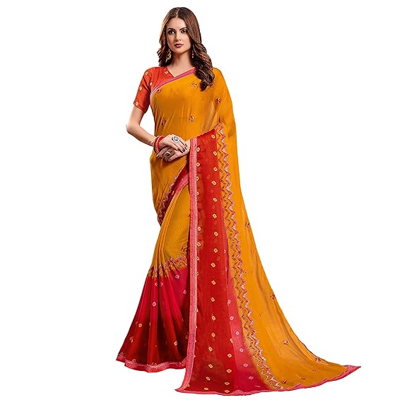 Shaily Poly Chiffon Embroidered Saree[NAYNA20051SSR04_Mustard & Red]