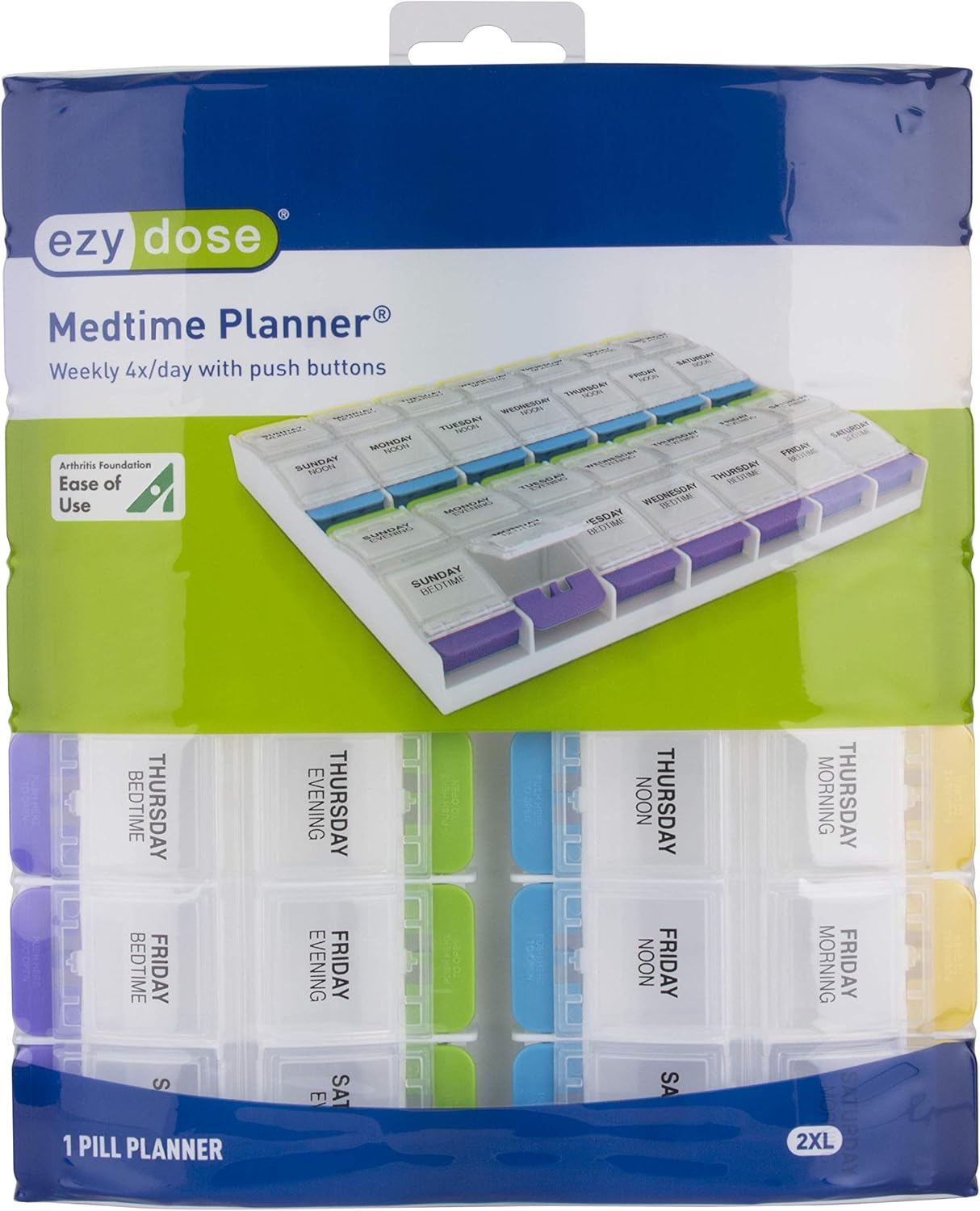 Ezy Dose Push Button (7-Day) Pill, Medicine, Vitamin Organizer Box | Weekly, 4 Times a Day, AM PM | 2XL Compartments | Arthritis Friendly | Clear Lids: Health & Personal Care
