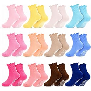 KKuSoxyy 12 Pair Baby Toddler Ruffle Grip Socks Non Slip Girls Cotton Socks | Comfortable Soft Cotton, Full Anti Slip Grips,