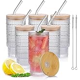Salpae 16oz Glass Cups with Lids and Straws, 6 Pack Vintage Drinking Glasses Tumblers Polka Dot Iced Coffee Cups for Kitchen, Home, Office, Gifts
