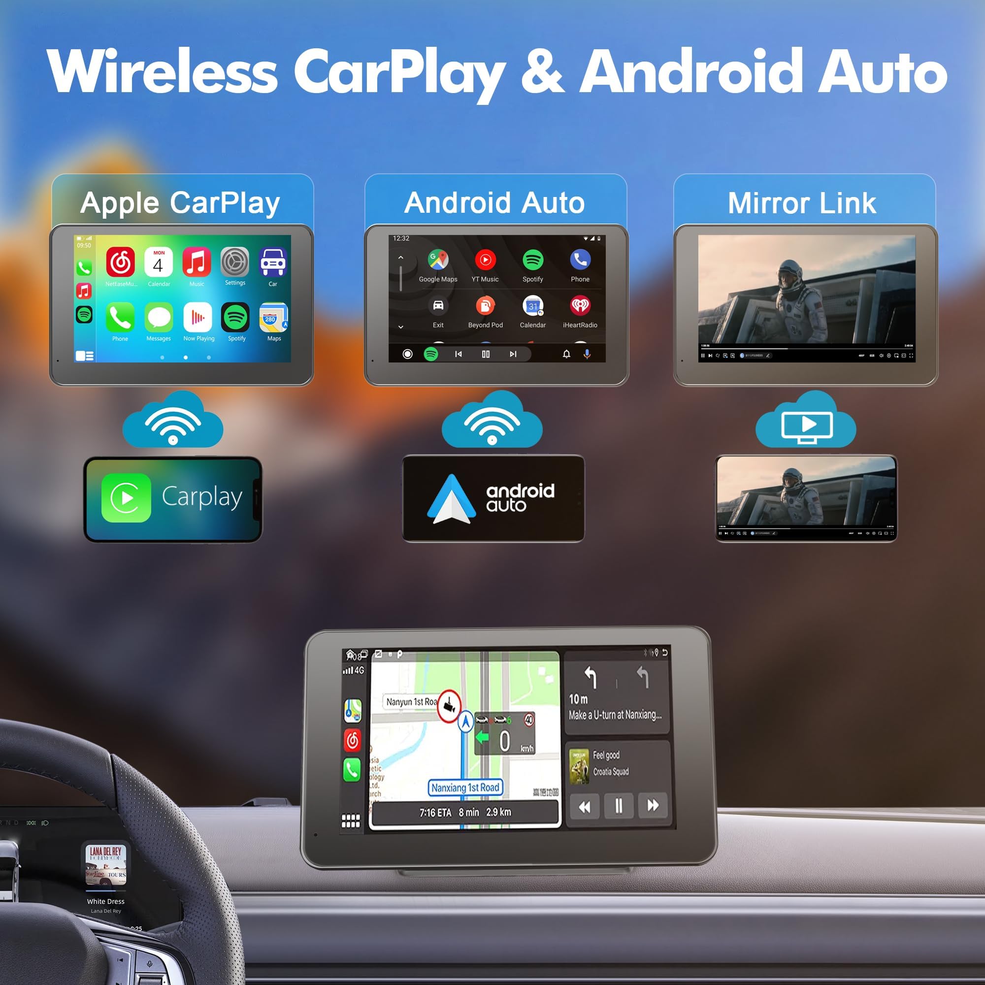 【Hieha】 2025 Wireless Portable Carplay and Android Auto, Carplay Screen for Car with Mirror Link/AUX/FM,7