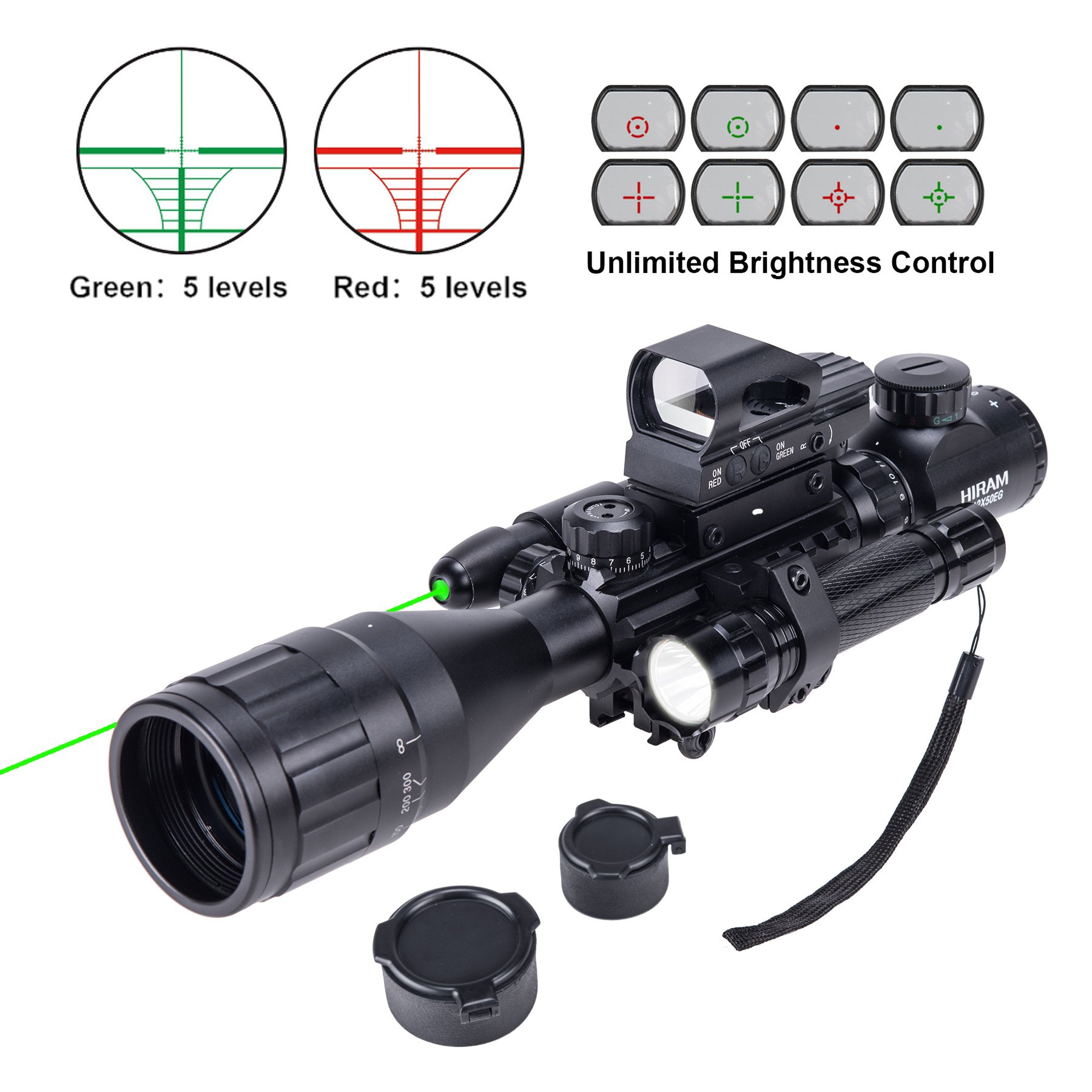HIRAM 416x50 AO Rifle Scope Combo with Green Laser, Reflex Sight, and