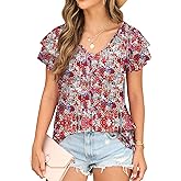 FREEOAK Womens Floral Tops Ruffle Sleeve Shirts for Women V Neck Loose Fit Casual Tee Tunics