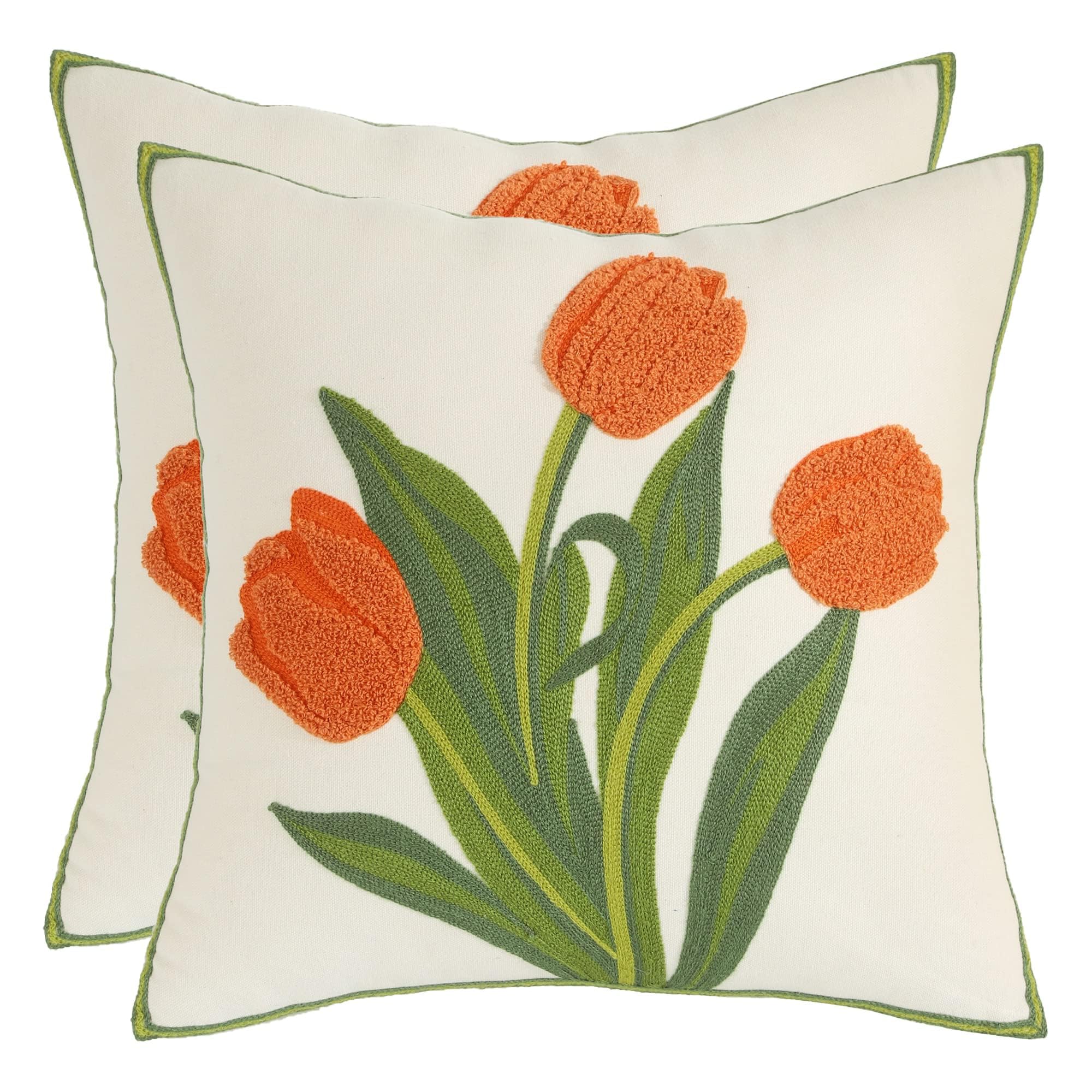 Tosleo Flower Cushion Covers 40 x 40 cm Throw Pillow Covers Orange Tulip Embroidery Cotton and Linen Pillow Case for Sofa Bed Garden Patio Home Decor Set of 2