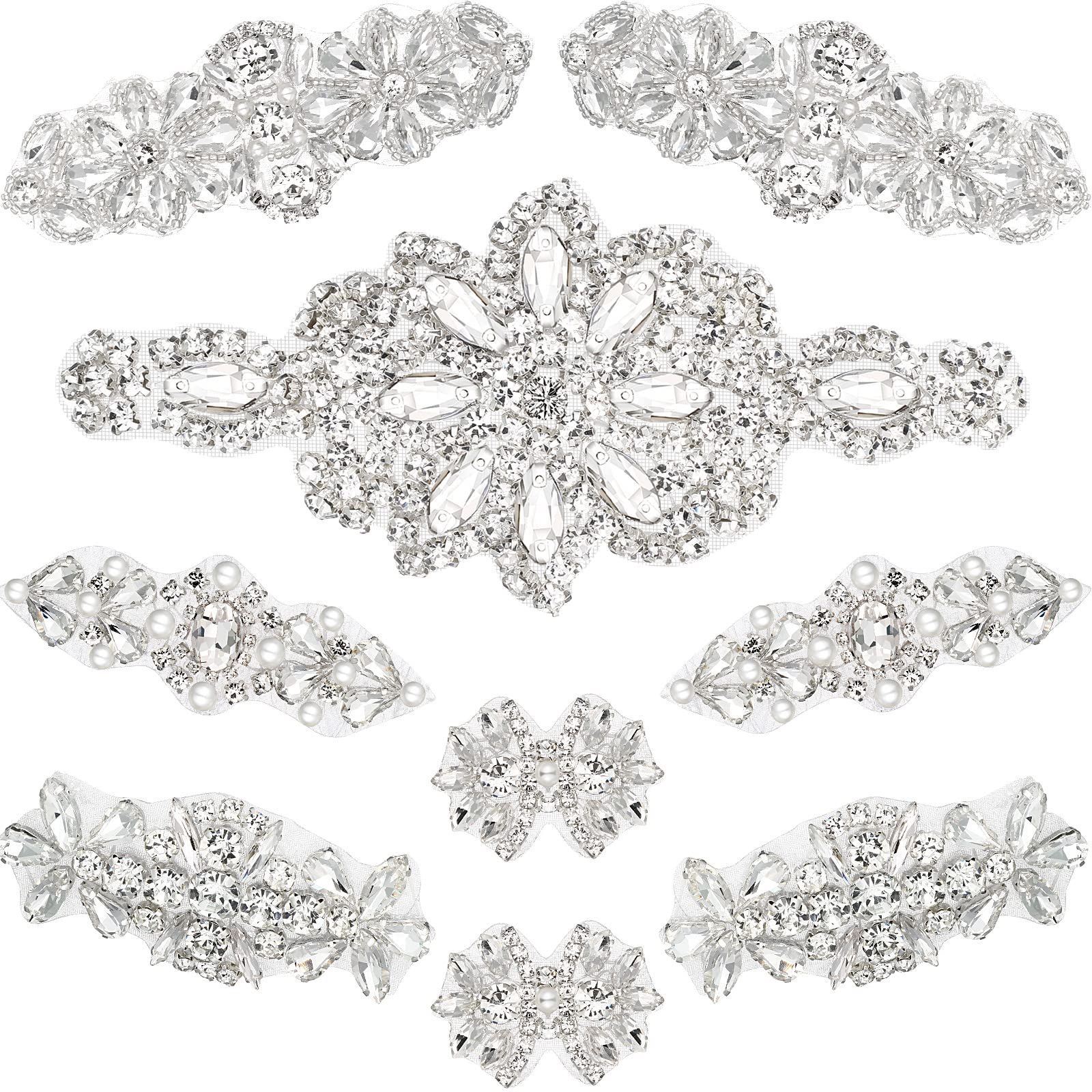 Photo 1 of 9 Pieces Rhinestone Applique 5 Style Rhinestone Iron on Patch Hot Fix Wedding Silver Crystal for Clothes Pearl Bridal Crystal Appliques Jewels for Crafting Clothes Decoration Headpieces