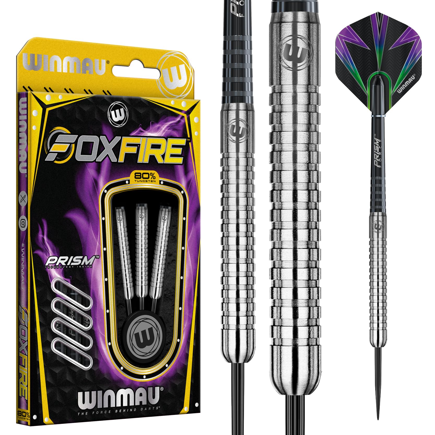 WINMAU Foxfire Tungsten Darts - Available 21, 22, 23, 24, 25, 26, 28 Grams with Prism Flights and Shafts (Stems)