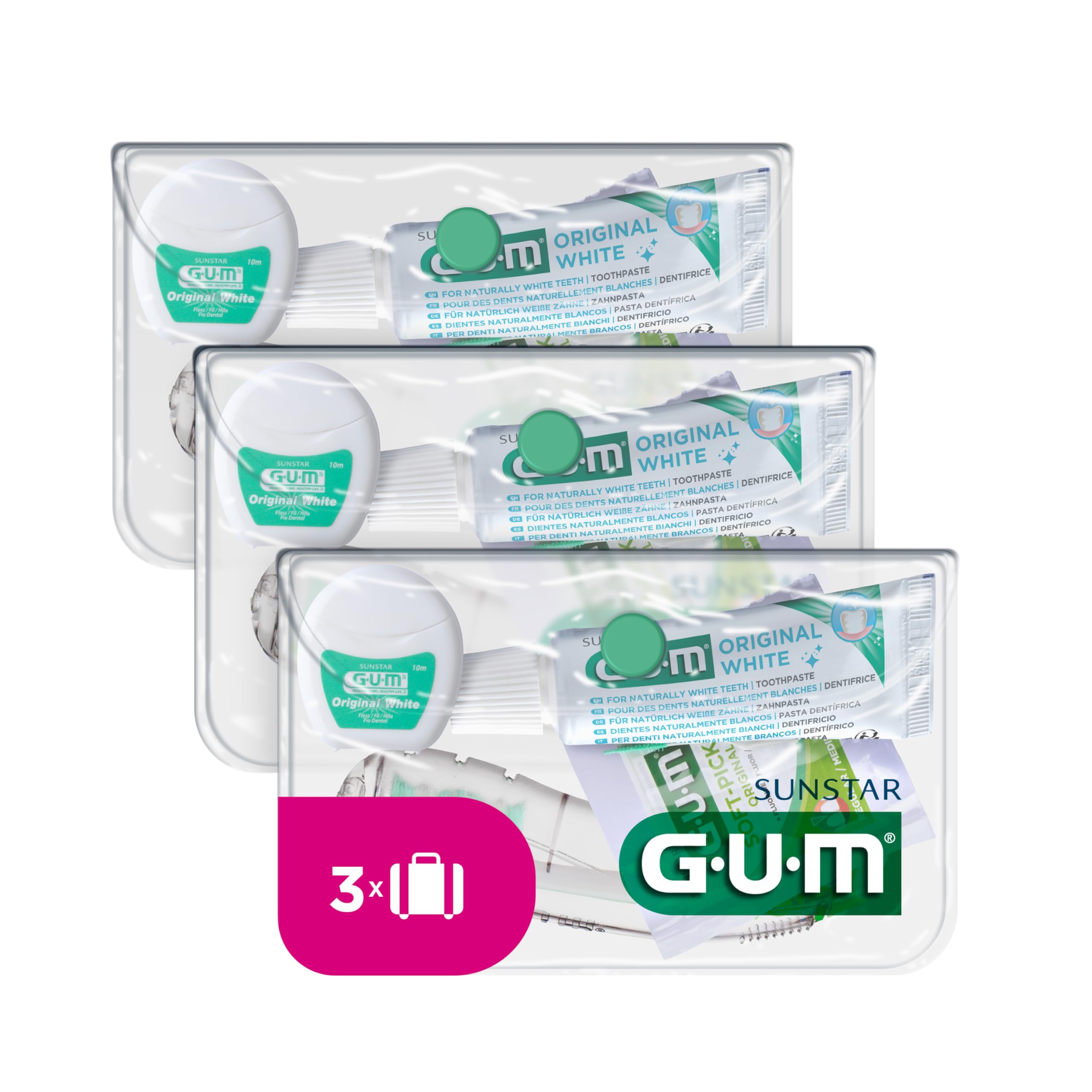 GUM Travel Set with Folding Travel Toothbrush, Gum Original White Toothpaste, Dental Floss and Gum Soft Picks Interdental Cleaner, For Thorough Dental Care On The Go, Suitable for Carry-On Luggage, x3