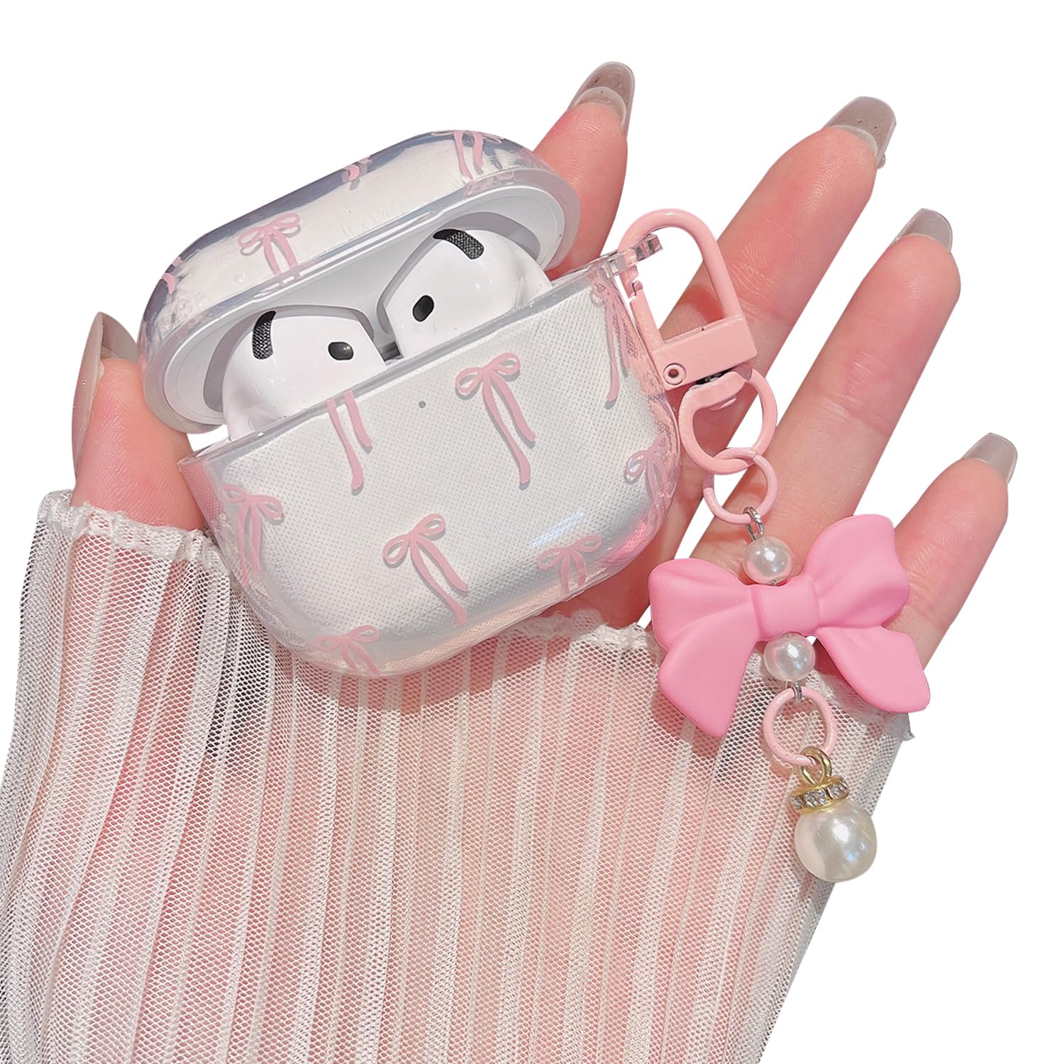 Photo 1 of MINSCOSE Compatible with AirPods 4 Clear Case,Cute Ribbon Bow Aesthetic Design with Bow Pearl Keychain, Soft TPU Protective Shockproof Cover for AirPods 4 for Women Girls-Pink