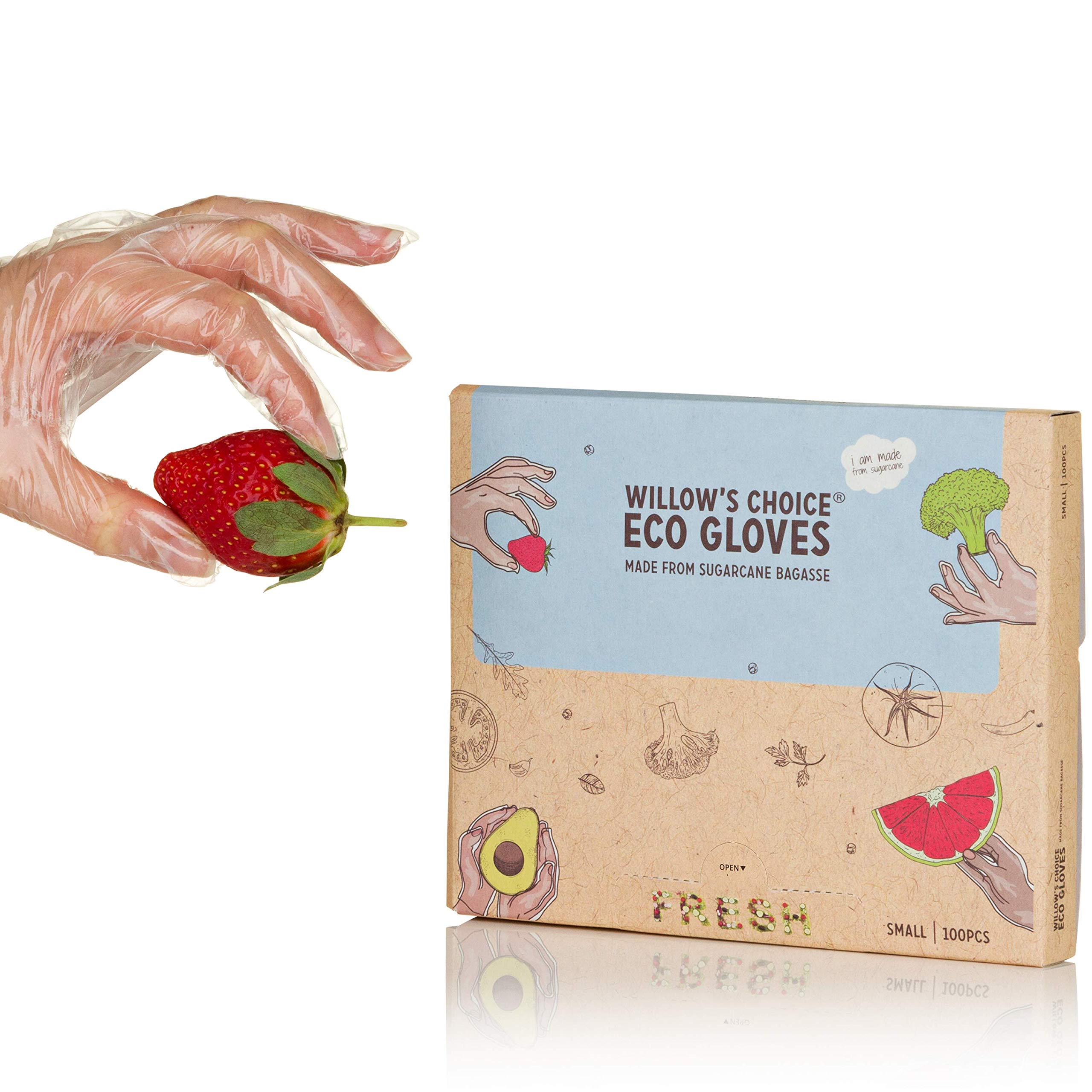 Willow's Choice Eco Disposable Gloves, Made from Bio Sugarcane Plant Waste, Vegan, Recyclable, BPA and Phthalates Free, Touch Screen Friendly, Great for Food Handling and Home Chores, 100 pcs, Small