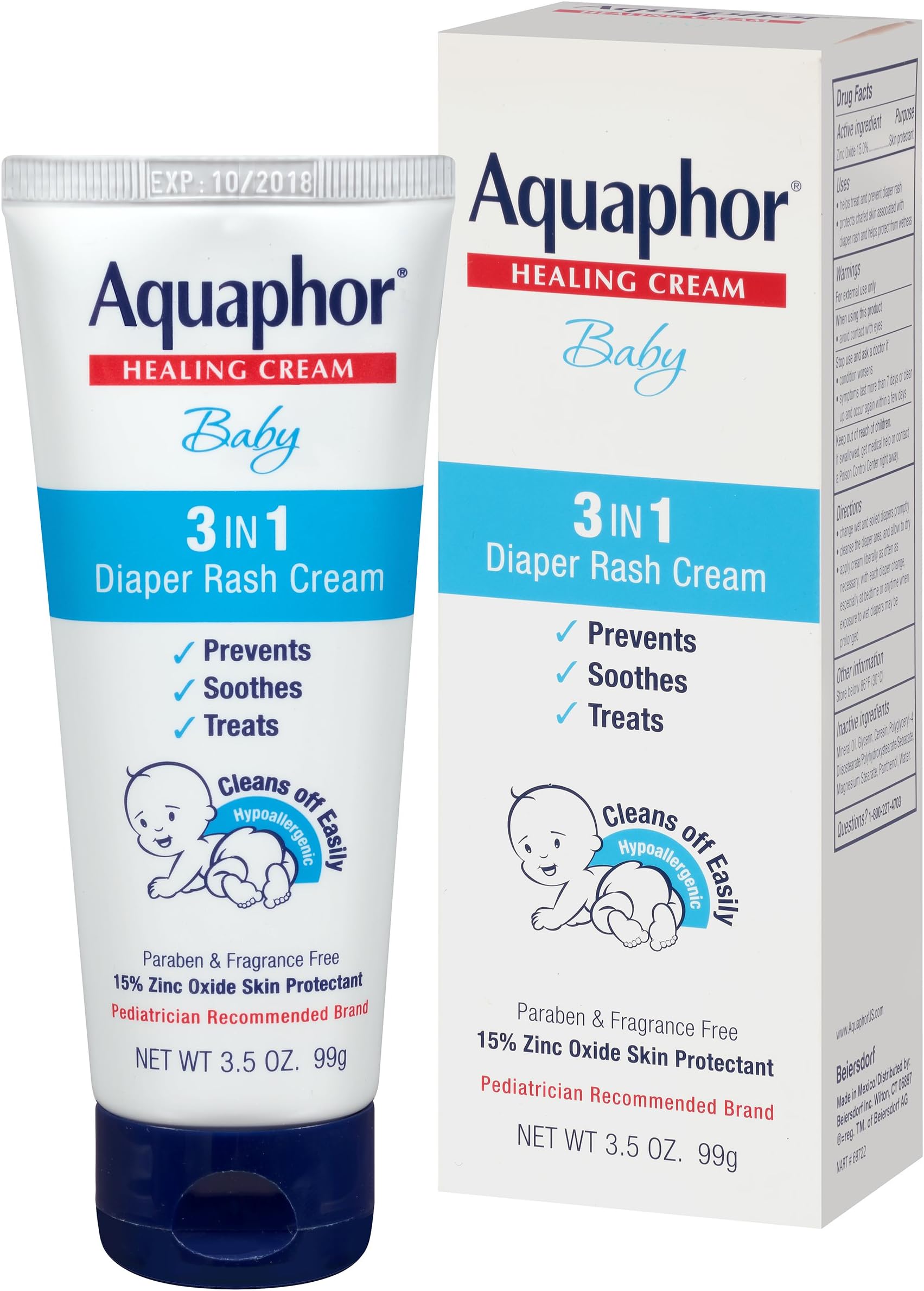 Aquaphor Baby 3 in 1 Diaper Rash Cream - Prevents, Soothes and Treats Diaper Rash - 3.5 oz. Tube