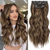 KooKaStyle Hair Extensions 16" Balayage Chocolate Brown to Caramel Blonde | 4 Pieces Wavy Clip in Hair Extensions,Fiber Double Weft Hairpieces,Natural Volume,Wave Short Synthetic Hairpieces for Women