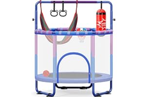 Yohood 55" Trampoline for Kids with Enclosure, 6-in-1 Toddler Trampoline Indoor Outdoor, Upgrade Full Anti-Rust Tube with Adjustable Gymnastics Bars for Boys Girls