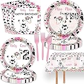 51 Pcs Holy Cow I'm Two Girls Birthday Party Supplies Moo Moo I'm Two Tablecloth Paper Plates Napkins Forks Dinnerware for Farm Animals Cow Theme Girls 2nd Birthday Party Supplies Decorations
