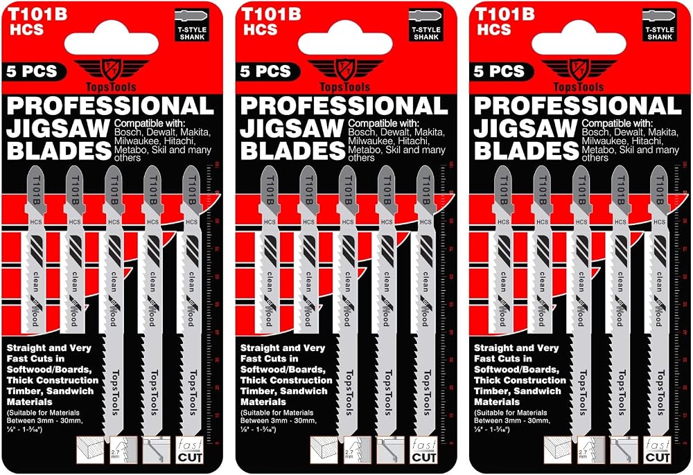 TopsTools T101B 15x 100mm Jigsaw Blades for Clean Wood Cuts 10TPI