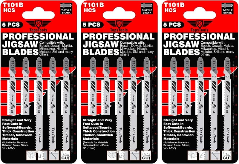 TopsTools T101B 15x 100mm Jigsaw Blades for Clean Wood Cuts 10TPI