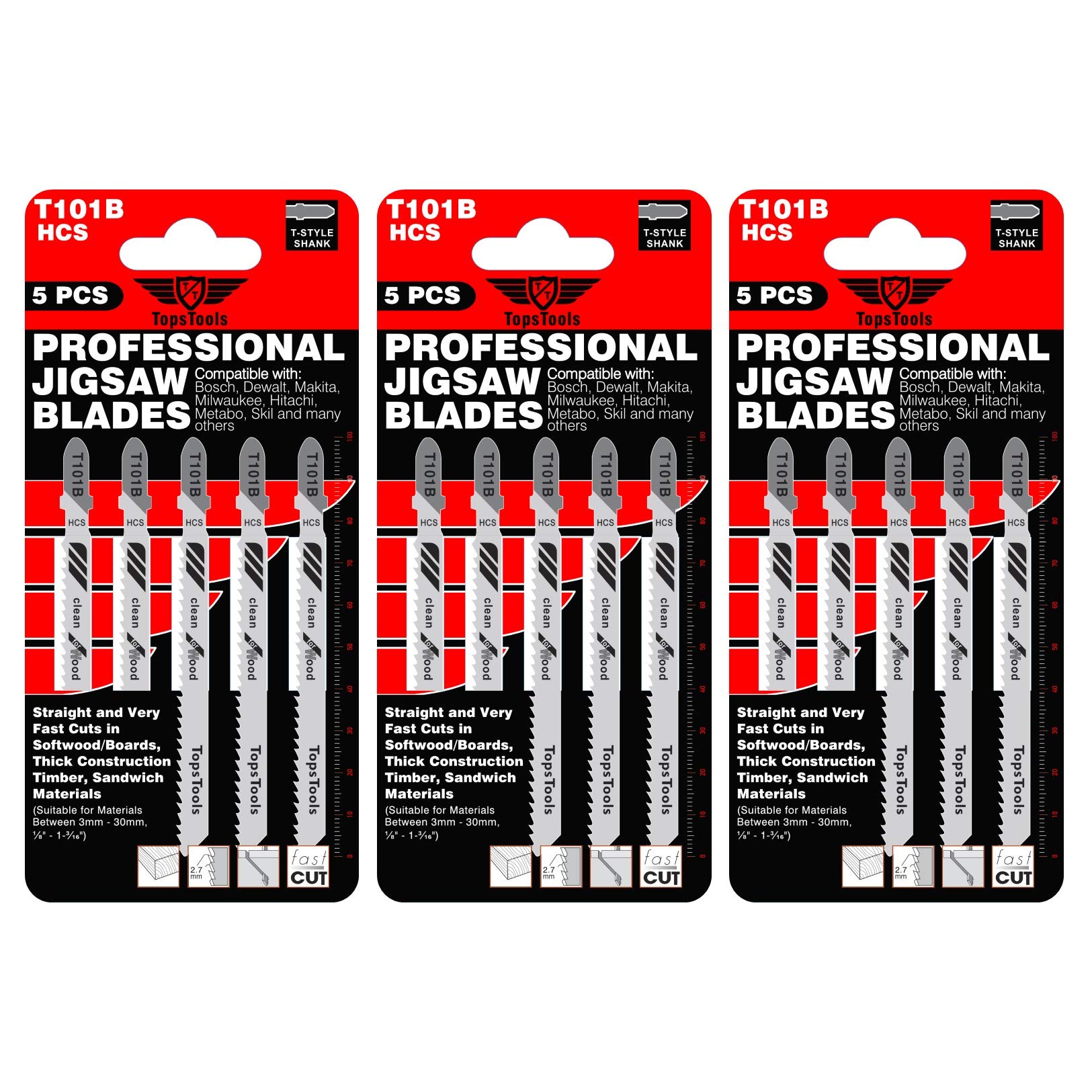 15 x TopsTools T101B 100mm Jigsaw Blades Designed for Clean Cuts in Wood