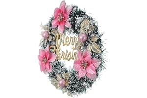 Zerodeko Artificial Christmas Poinsettia Wreath with Berry and Bowknot Pink Flower Holiday Door Decor for