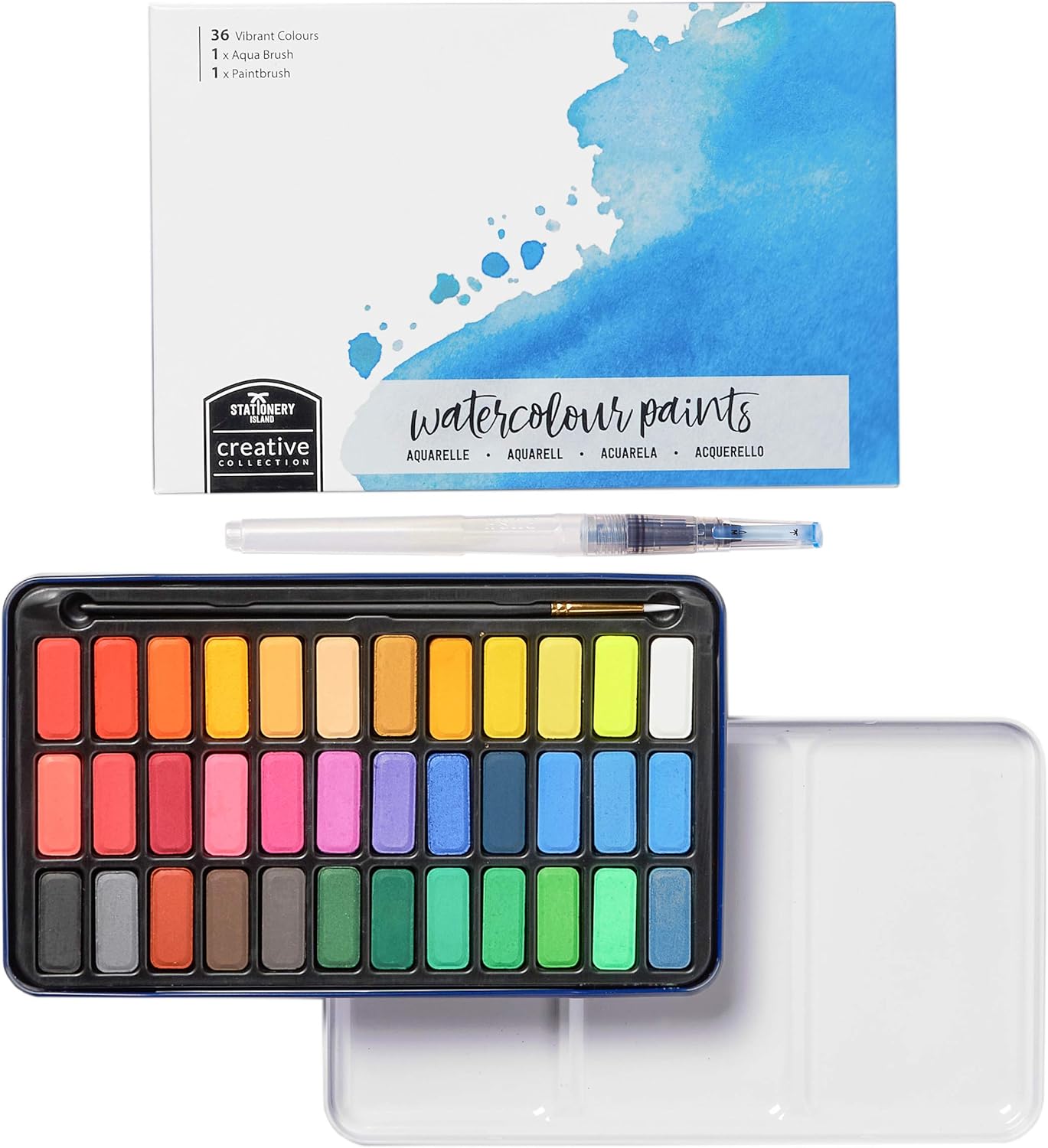 STATIONERY ISLAND Watercolour Paint Set Professional Painting Supplies Kit in Portable Travel Tin with Paintbrush and Mixing Palette