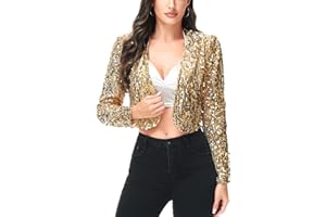 Anna-Kaci Womens Shiny Sequin Long Sleeve Glitter Cropped Blazer Bolero Shrug