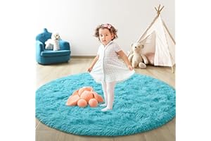 FlyDOIT Blue Round Rug for Bedroom, Super Fluffy Circle Rugs for Baby Nursery, 4'X4' Feet Furry Carpet for Children Kids Room, Cute Soft Shaggy Rug for Girls Home Decor, Fuzzy Plush Carpets for Dorm