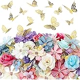 Wavyknot 342 Pcs Valentine Flower and Butterfly DIY Set Small Silk Fake Rose Daisy Head Gold Butterfly for Graduation Cap Decor 3D Artificial Flowers Embellishments Bulk for Wedding Bouquet