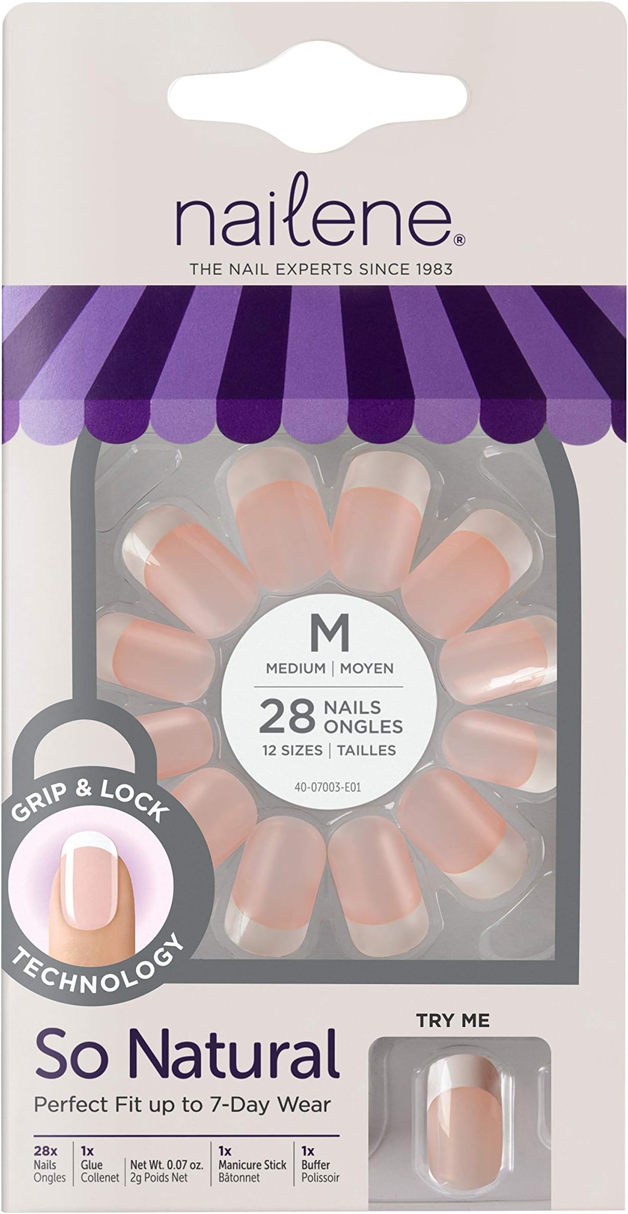 Nailene 28pc So Natural Light Pink French Nail Kit - Medium - Lasts Up to 7 Days - Grip and Lock Technology for a Strong Hold