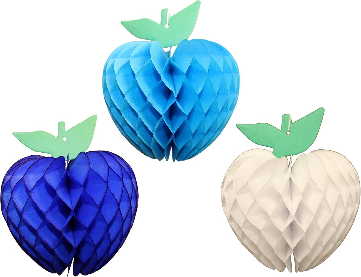 7 Inch Honeycomb Tissue Paper Apple Decoration, Set of 3 (Turquoise, Dark Blue, White)