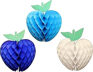 7 Inch Honeycomb Tissue Paper Apple Decoration, Set of 3 (Turquoise, Dark Blue, White)