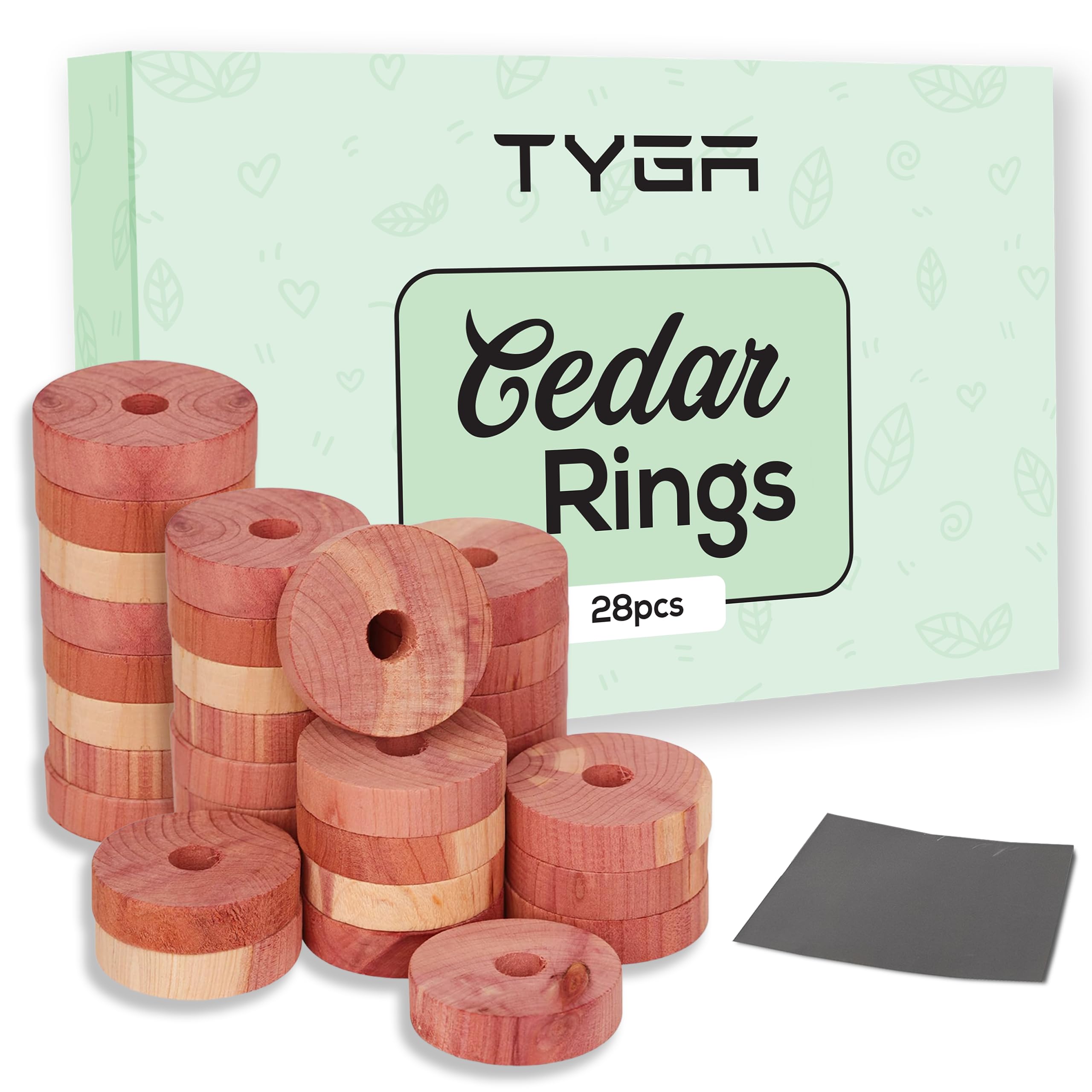 TYGA 28 Cedarwood Rings 100% Natural Moth Repellent for Wardrobes, Drawers & Travel Bags with Natural Oils to Protect Clothes - Anti-Moth Rings with Sandpaper