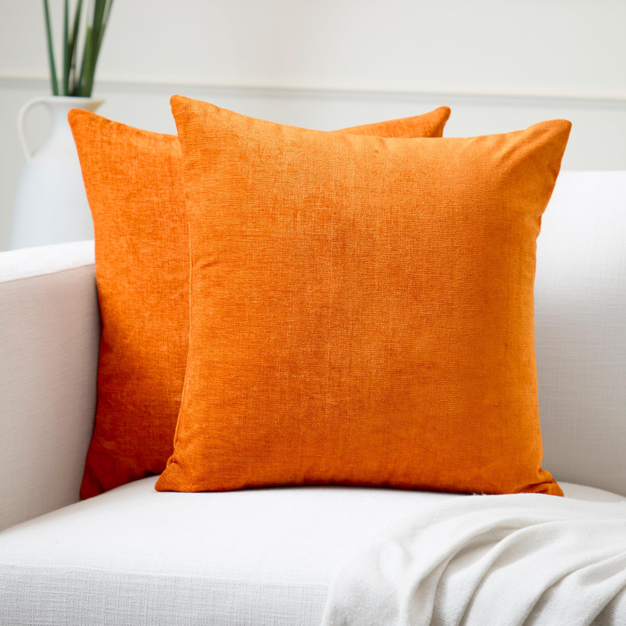 Encasa XO Chenille Cushion Covers Set of 2 | Orange - (16"x16") (40x40 cm) | Decorative Accent Square Throw Pillow Cases For Couch, Home Decor, Sofa