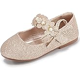 PANDANINJIA Toddler Girls Dress Shoes Flower Girl Flats Pearls Bow Mary Jane Wedding Party Flora Shoes