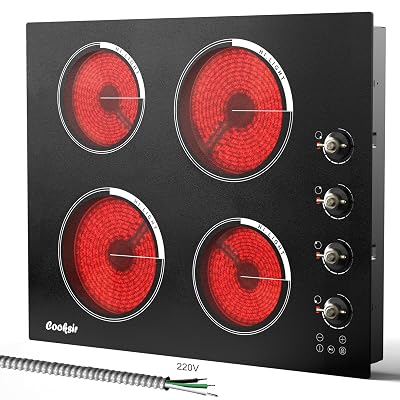Cooksir 24 Inch Electric Cooktop - 4 Burner Built-in(22.05"x19.3") Glass Ceramic Stovetop 6000W, 220V Electric Stove Touch and Knob Control, Safety Lock, Pause, 99 Min Timer, 240V Hard Wire(No Plug)