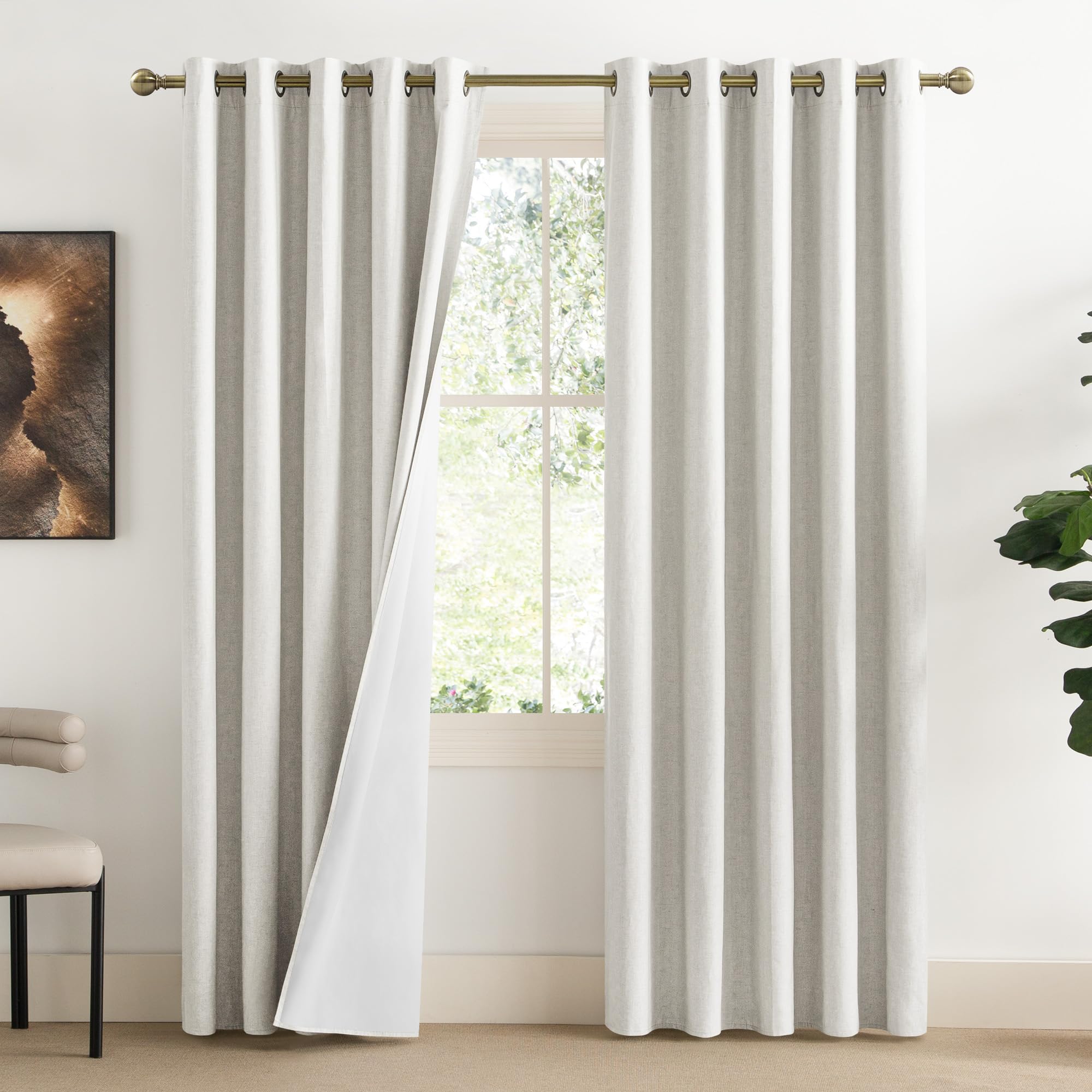 Photo 1 of NICETOWN 100% Absolutely Blackout Linen Curtains with Thermal Insulated White Liner, Ivory, 62" Wide, 2 Pieces, Privacy Vertical Window Drapes for Office Laundry Living Room Windows 84 inch Long
