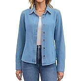 CIMUK Womens Denim Shirt Long Sleeve Point Collar Fitted Button Down Jean Shirts Top
