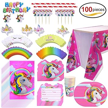 Howaf 100-teilig Einhorn Party Set, Einhorn Partygeschirr Pappteller Pappbecher Tischdecke Cupcake Toppers Wrapper Einladungs