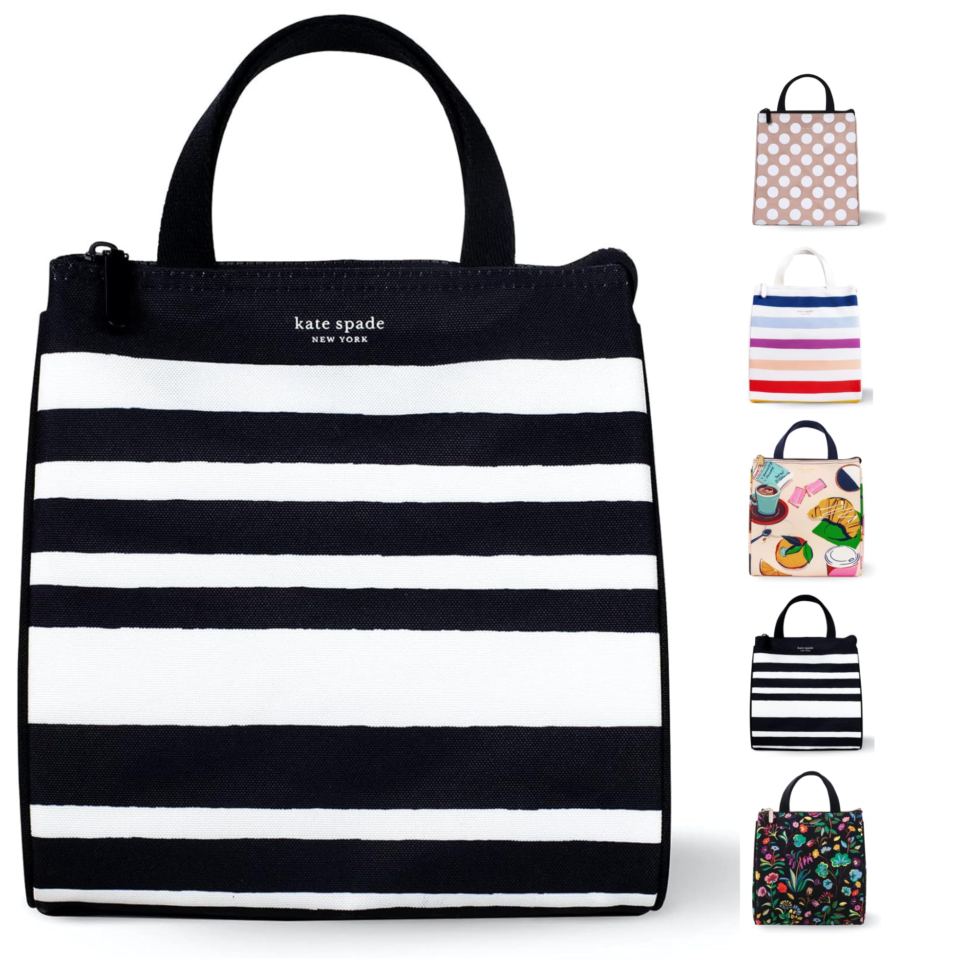 kate spade new york Black Portable Soft Cooler Lunch Bag, Thermal Tote with Silver Insulated Interior Lining and Storage Pocket, Sarah Stripe