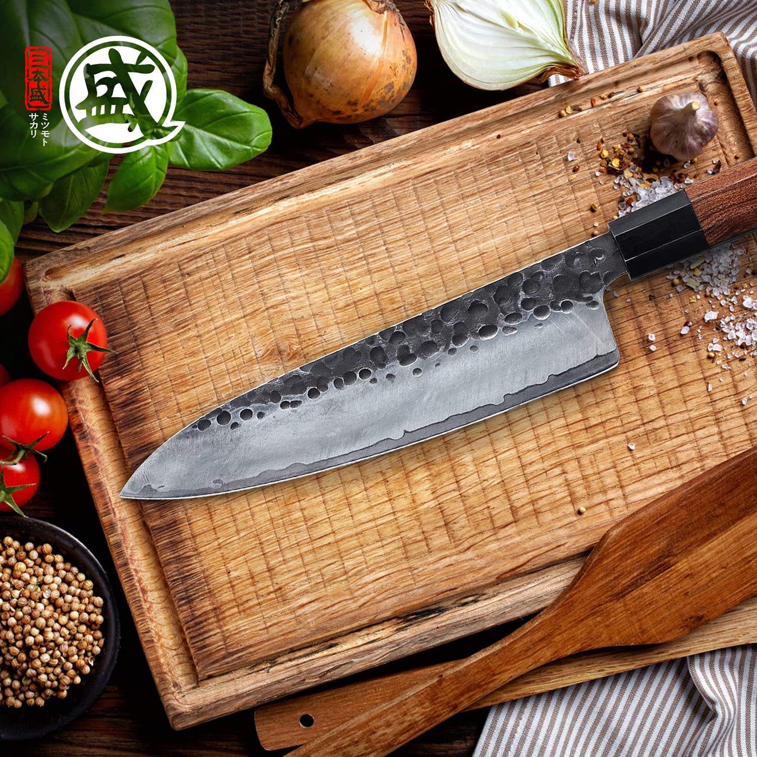 MITSUMOTO SAKARI Handgeschmiedetes Küchenmesser, 22 cm Gyuto Kochmesser 8