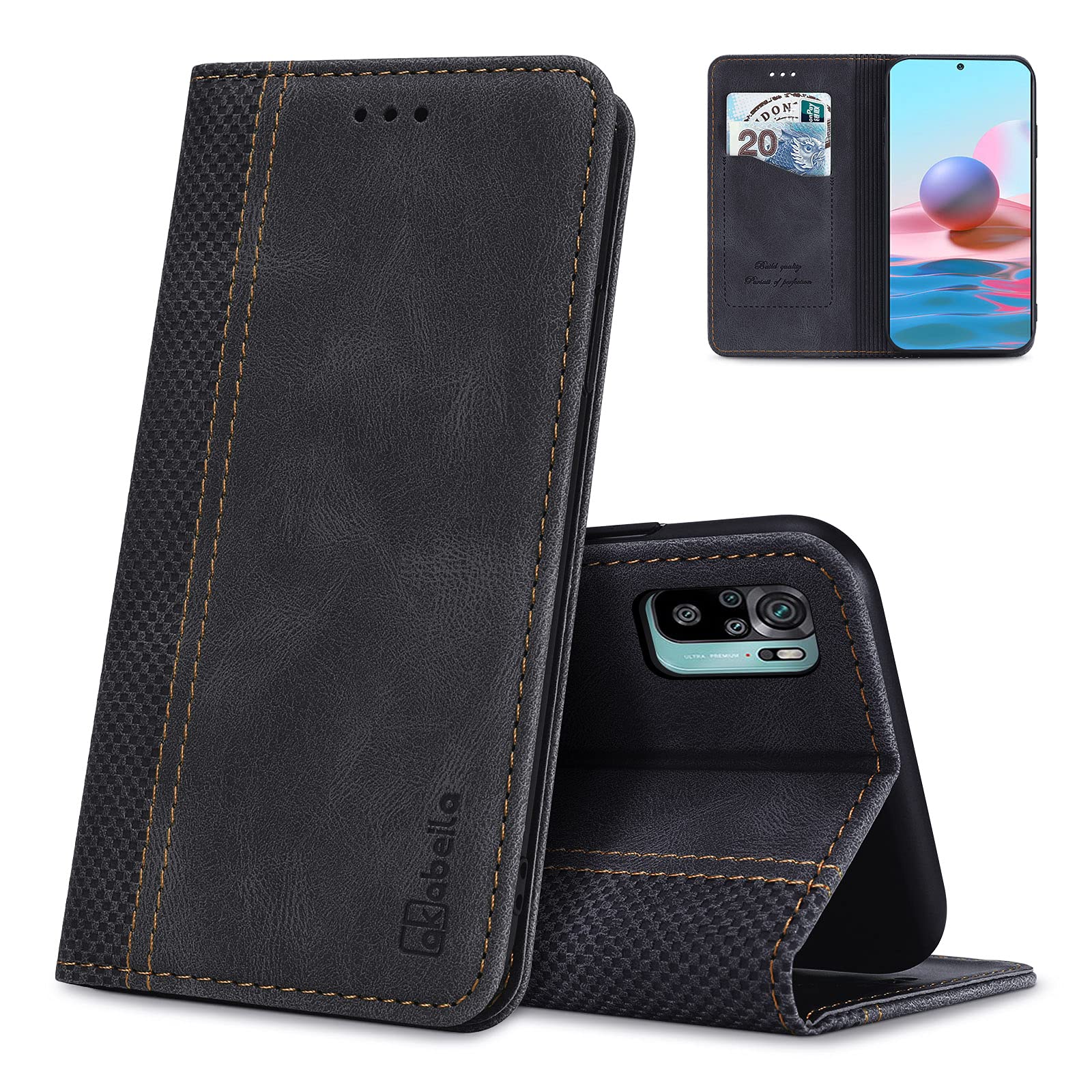 AKABEILA Case for Xiaomi Redmi Note 10 4G PU Leather Flip Wallet Case with Magnetic Closure Kickstand Card Slots Folio Phone Case Cover Shockproof Black