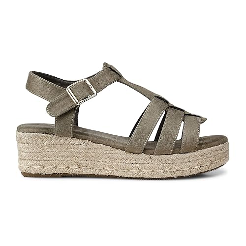 Cox Damen Plateau-Sandalette in Leder-Optik, Keil-Sandalen in Khaki mit eleganter Laufsohle in Bast-Optik