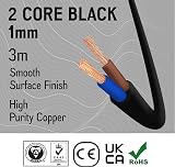 Primes DIY 2 Core Black Flexible PVC Mains Cable BASEC 1mm 3m view 2