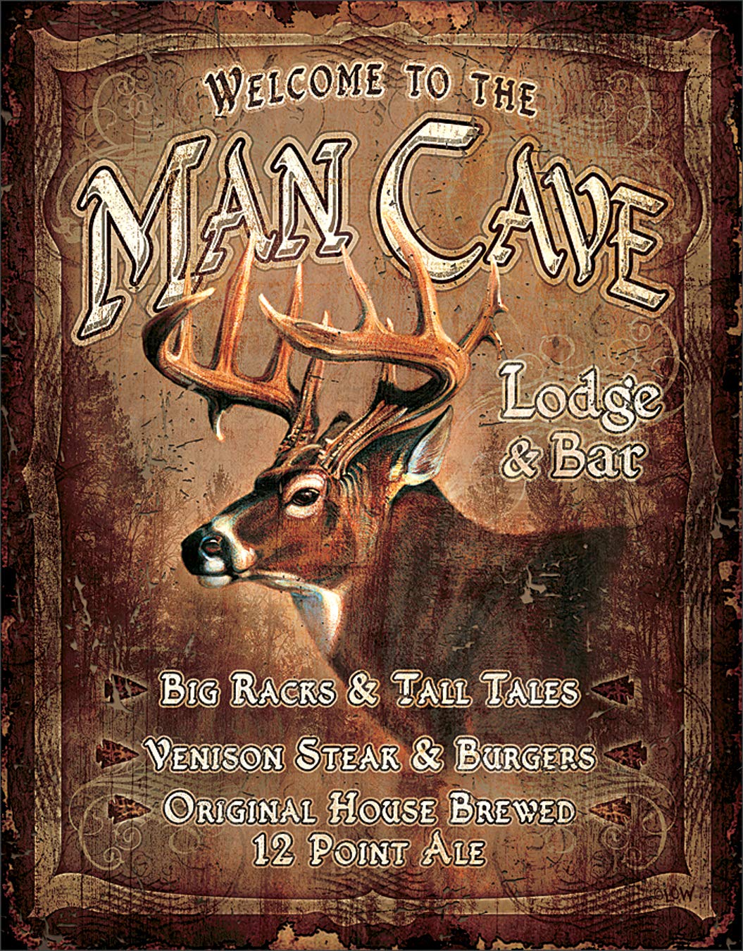 Desperate Enterprises Man Cave Lodge & Bar Tin Sign - Nostalgic Vintage Metal Wall Decor - Made in USA - 12.5" W x 16" H