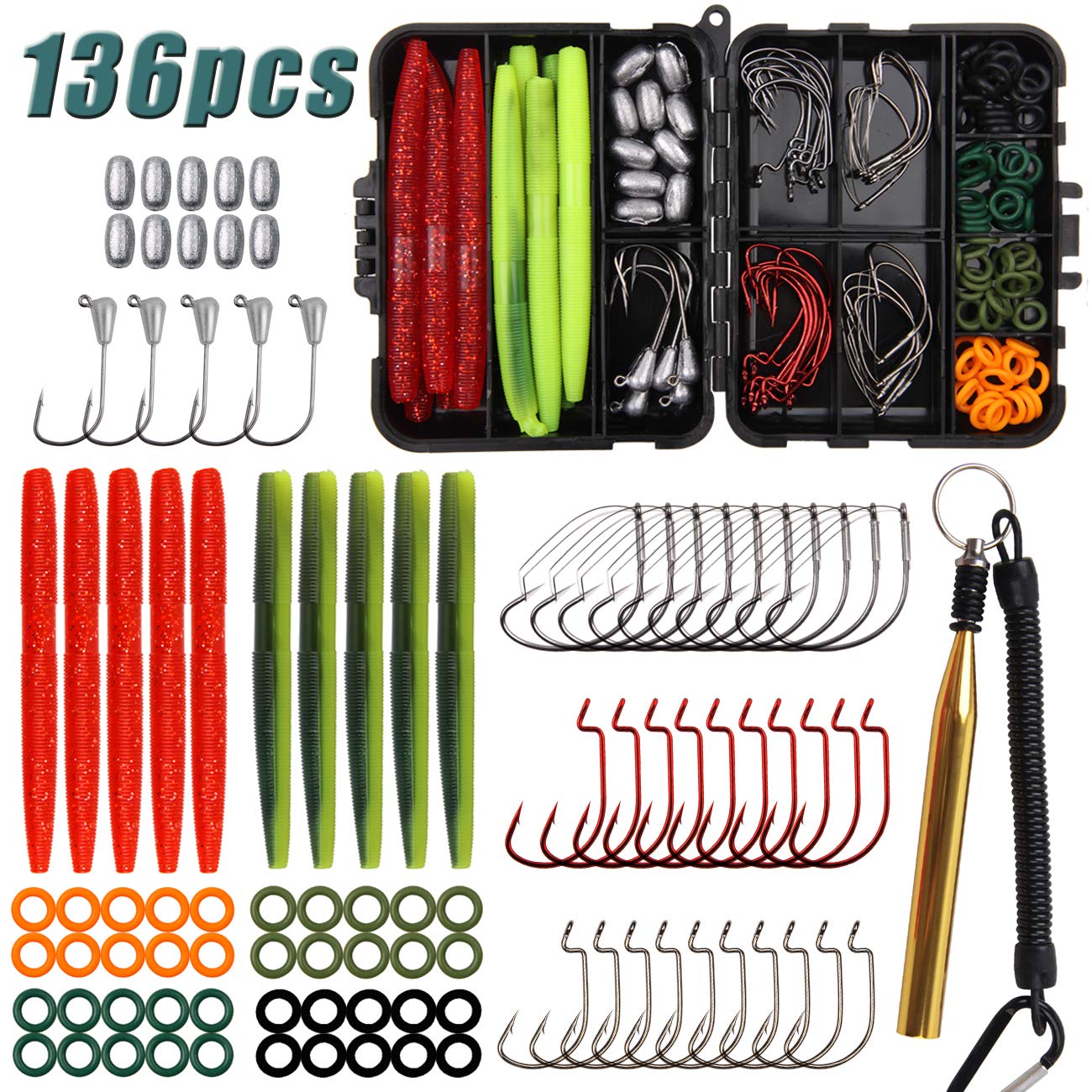 Wacky Rig Fishing Worm Kit, Wacky Soft Bait Weedless Hook Jig Head Hook O-Rings Wacky Rig Tool Fishing Lures Tackle Box Kit